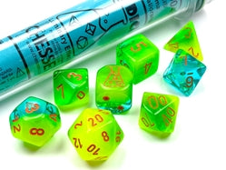 7 Heavy Dice Set - Lab Dice - Plasma Green-Teal Orange Luminary - CHX30048 For Sale