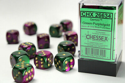 12 Gemini Green-Purple w  Gold 16mm D6 Dice Block - CHX26634 Online now