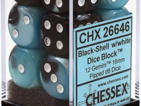 12 Gemini Black Shell w  White 16mm D6 Dice Block - CHX26646 Online Sale