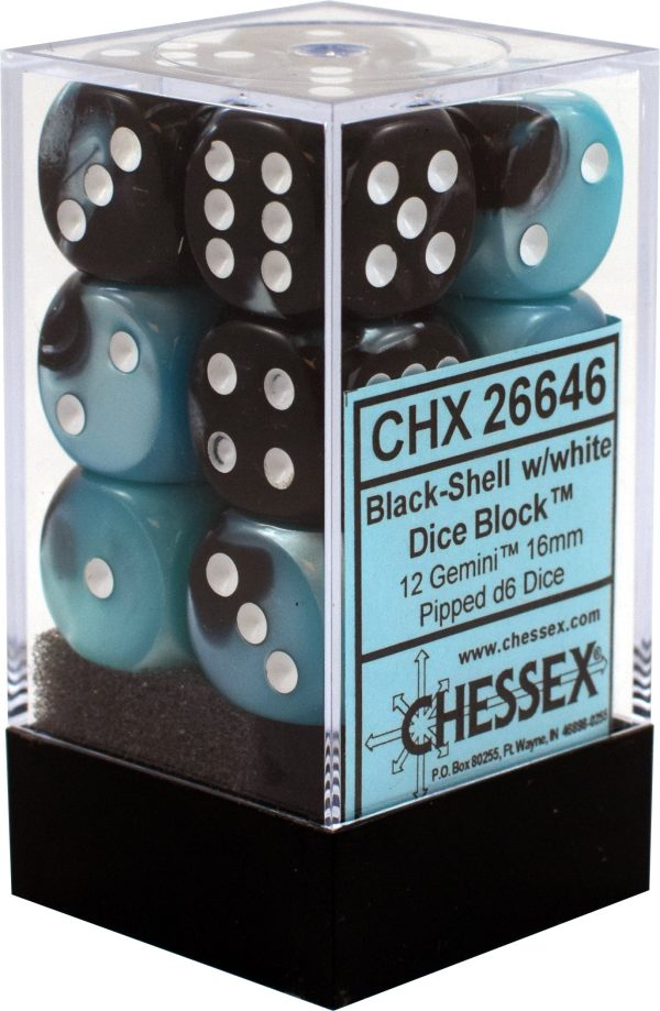 12 Gemini Black Shell w  White 16mm D6 Dice Block - CHX26646 Online Sale